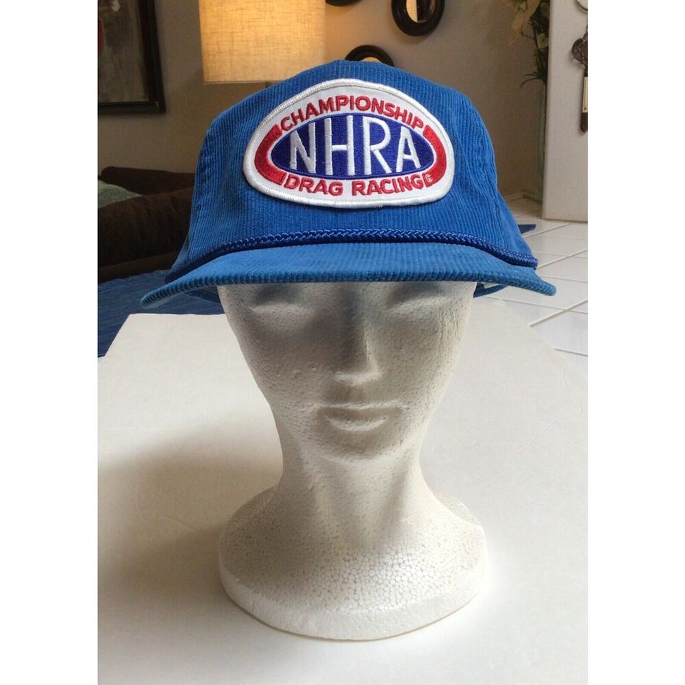 VTG NHRA Patch on Ucisco Blue Corduroy Rope Hat Hot Rod Drag Racing Car ~776A